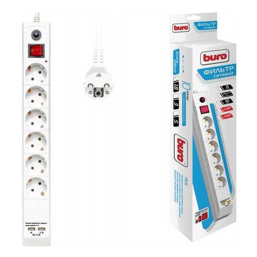 Сетевой фильтр BURO BU-SP1,8_USB_2A-W, 6 розеток, 1,8 м, White в Юлмарт